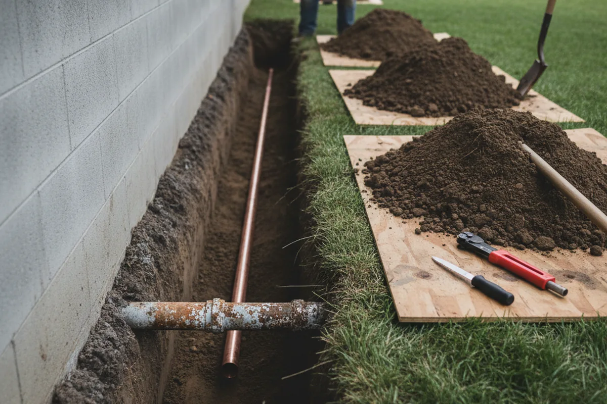 Excavated water line trench during Sewer Line Repair in Edinboro